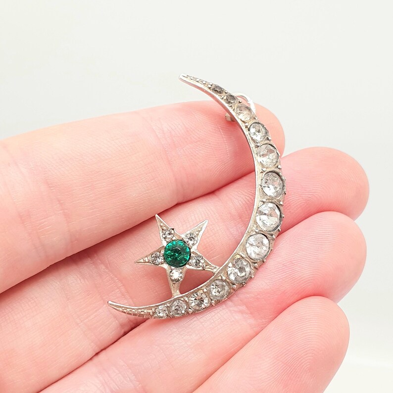 Antique Solid Silver Diamond Paste Star Moon Pendant Necklace Emerald