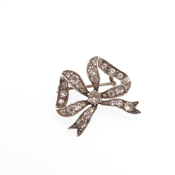 Antique Victorian Paste Solid Silver Bow Brooch D… - image 2