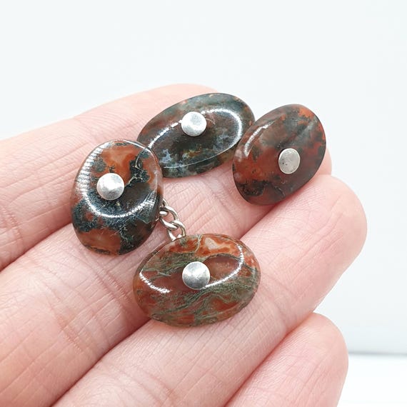 Antique Victorian Moss Agate Solid Silver Cuff Li… - image 1