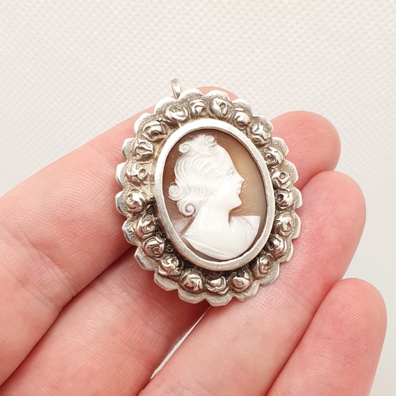 Vintage Cameo Brooch Pendant - Hand Carved - Silver Plated Mount