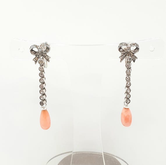 Antique Solid Silver Coral Paste Earrings Bow Han… - image 2