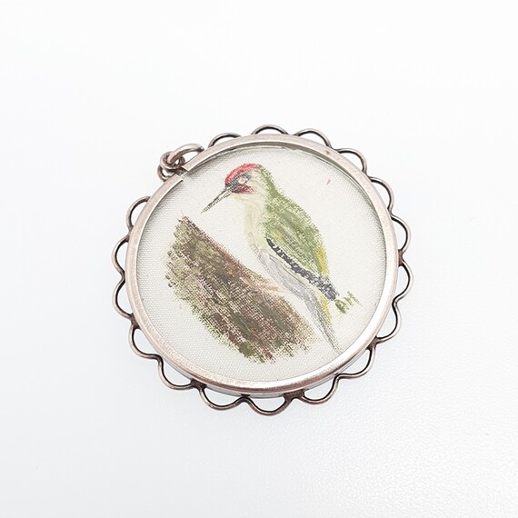 Antique Solid Silver Hand Painted Woodpecker Pend… - image 3