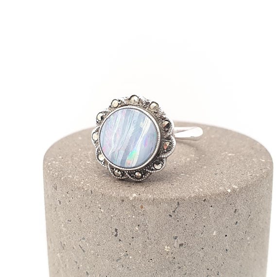 Antique Solid Silver Black Opal Ring Natural Genu… - image 1