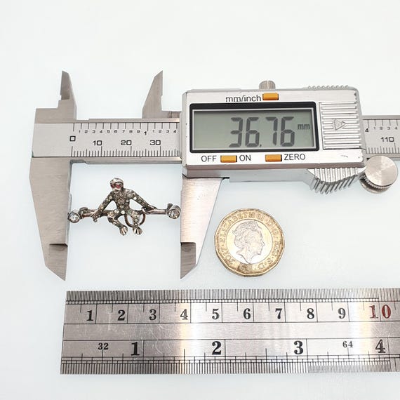 Antique Solid Silver Monkey Brooch Diamond Paste … - image 8
