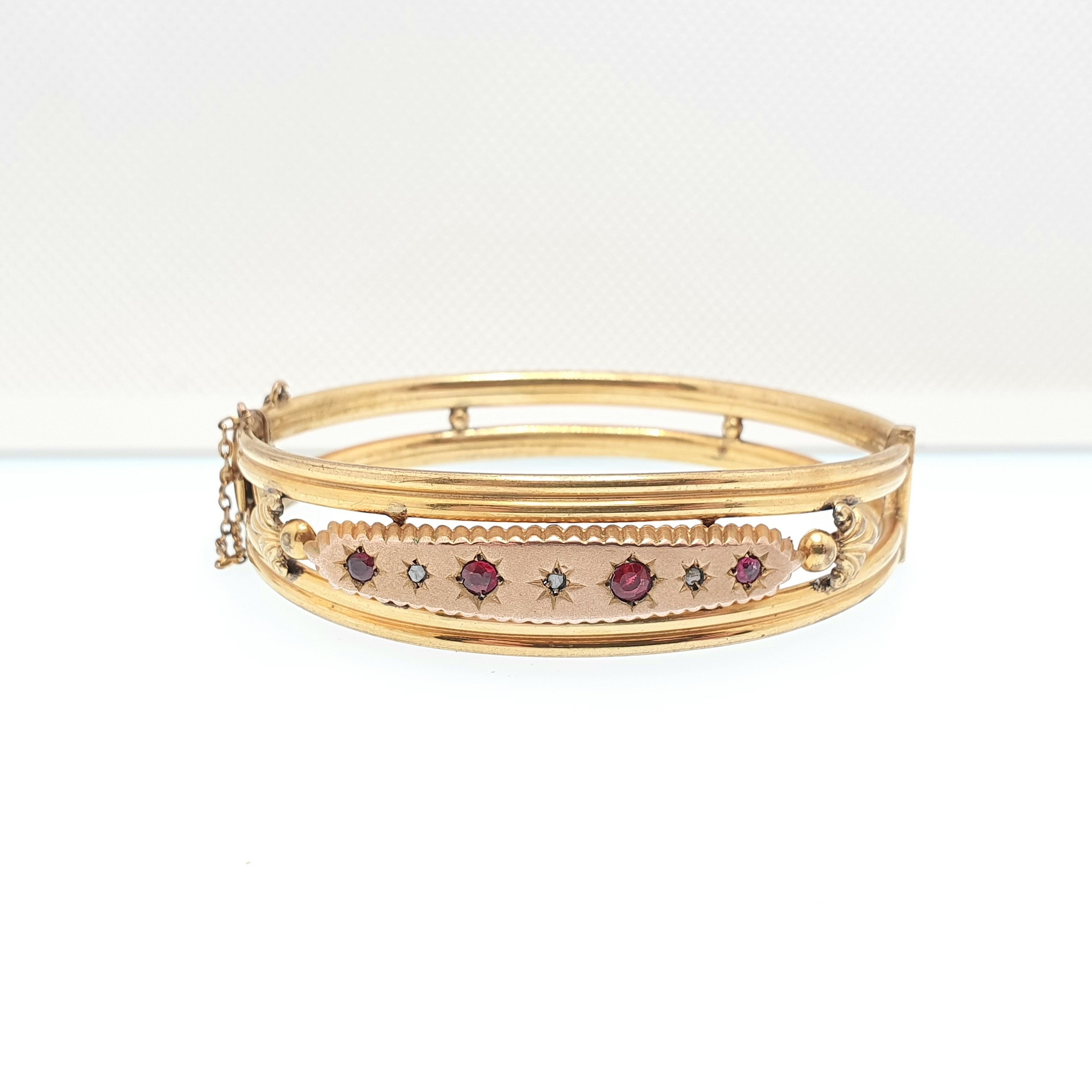 Antique Victorian Garnet & Diamond Bangle Rolled Gold Filled Snap 