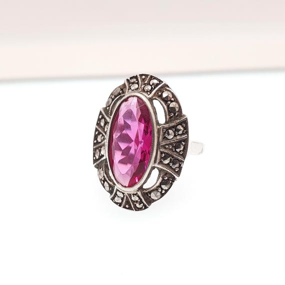 Antique Solid Silver Pink Paste Ring Marcasite Ar… - image 4