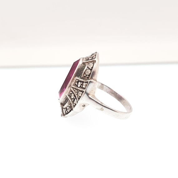 Antique Solid Silver Pink Paste Ring Marcasite Ar… - image 5