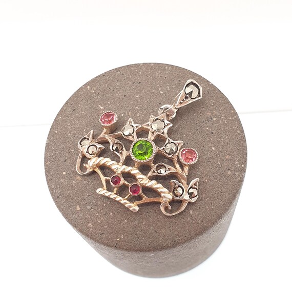 Antique Solid Silver Paste Flower Basket Pendant … - image 3