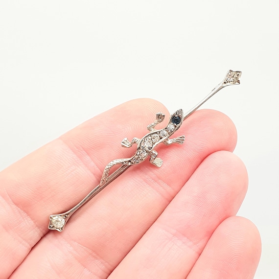 Antique Solid Silver Lizard Brooch Diamond Paste … - image 1