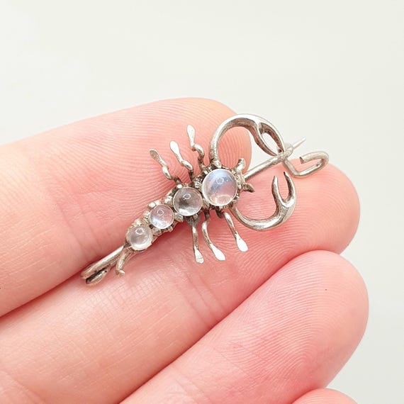 Antique Solid Silver Moonstone Scorpion Brooch Sc… - image 1