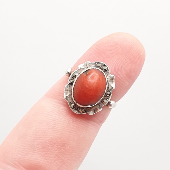 Antique Art Deco Coral Solid Silver Ring Marcasit… - image 3