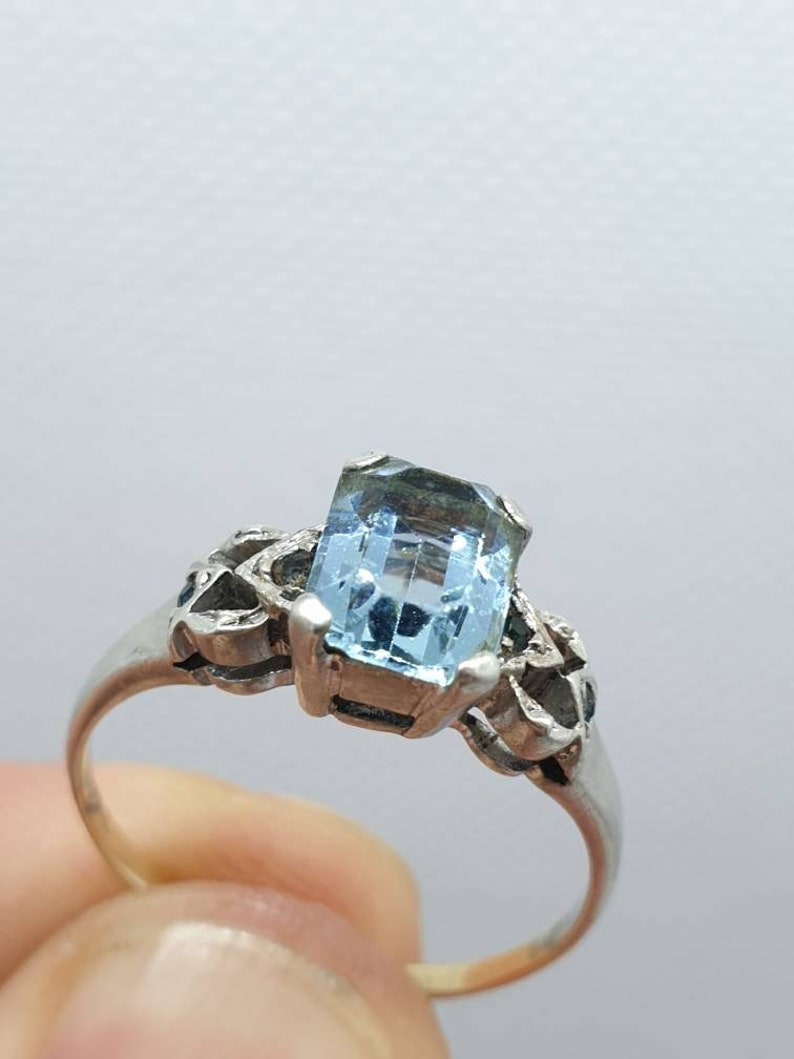 Old Vintage Aquamarine 9k ct carat Gold /& Solid Silver Ring Rectangular Square Stacker Stacking Ladies Womens Jewelry Jewellery UKP.5 US8