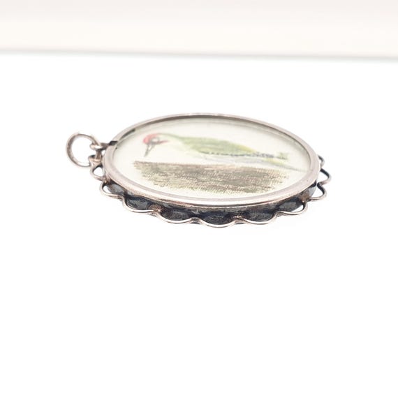 Antique Solid Silver Hand Painted Woodpecker Pend… - image 5