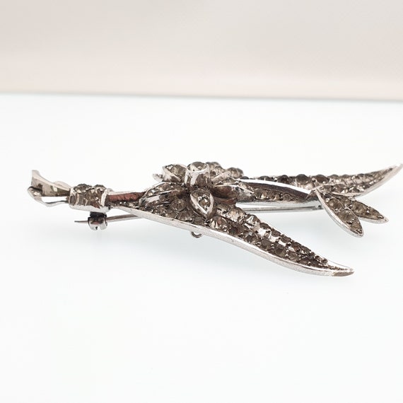 Antique Diamond Paste Solid Silver Brooch Pin Lea… - image 5
