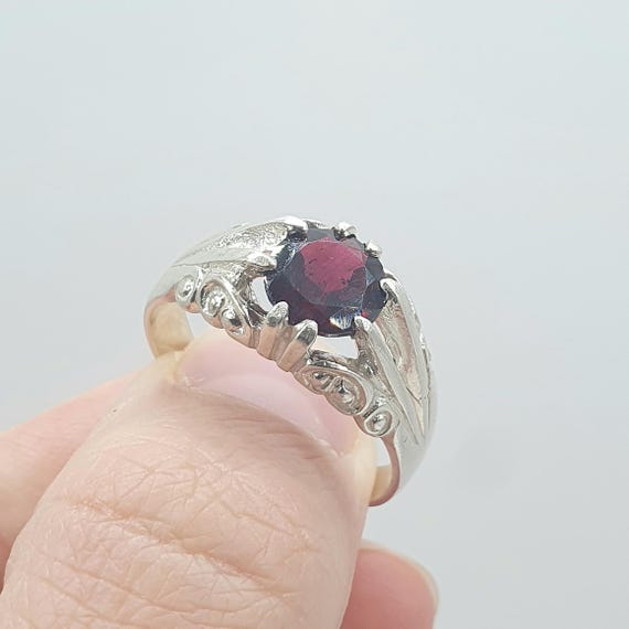 Vintage Solid Silver Garnet Gypsy Ring Solitaire … - image 1