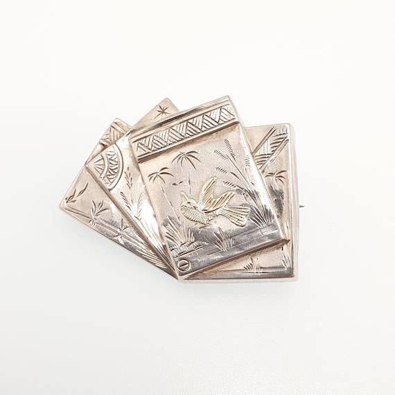 Antique Solid Silver Playing Card Brooch Bird Vic… - image 3