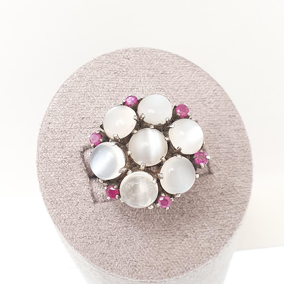 Antique Solid Silver Moonstone Ring Ruby Cluster … - image 4