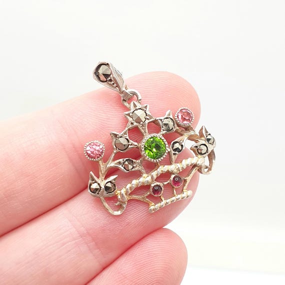 Antique Solid Silver Paste Flower Basket Pendant … - image 1