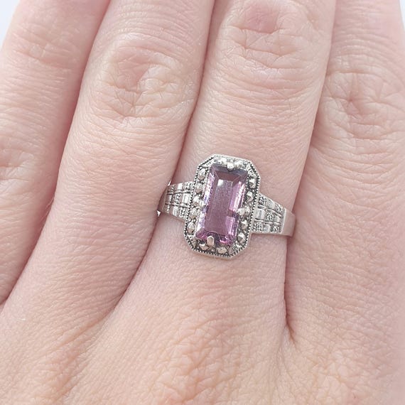 Antique Solid Silver Amethyst Paste Ring Rectagul… - image 2