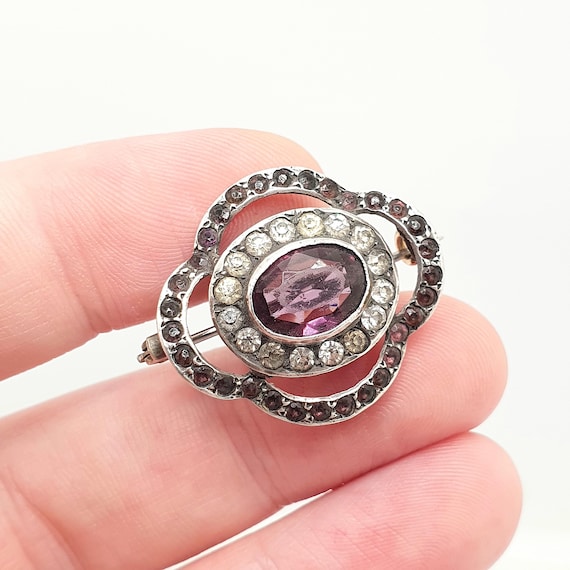 Antique Solid Silver Amethyst Paste Brooch Victor… - image 1
