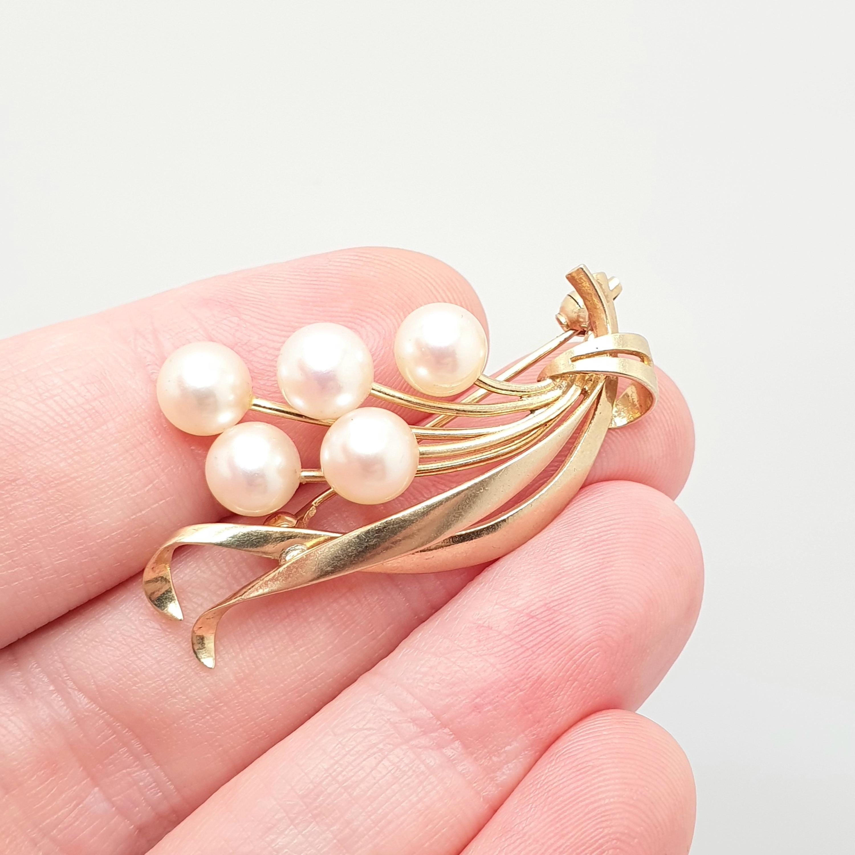 Vintage MIKIMOTO 14k Gold Pearl Brooch Pin Solid 14kt 585 Cultured Japanese White Lustre Leaf Genuine Signed Fine Estate Jewelry Jewellery Etsy Australia