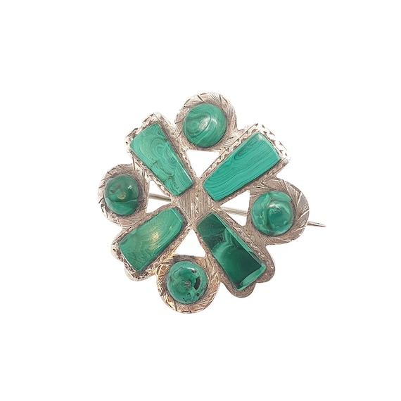 Antique Victorian Malachite Solid Silver Brooch S… - image 2