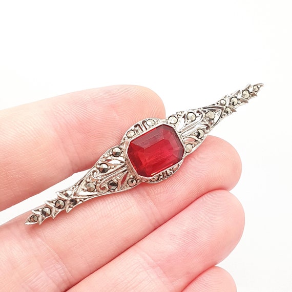 Antique Sterling Silver Ruby Paste Brooch Art Dec… - image 1