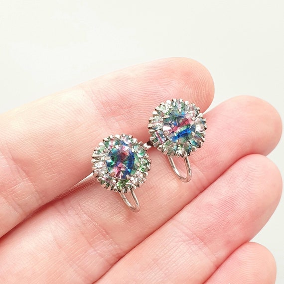 Antique Solid Silver Iris Rainbow Glass Earrings … - image 1