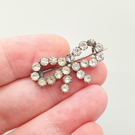 Antique Victorian Paste Solid Silver Bow Brooch R… - image 1