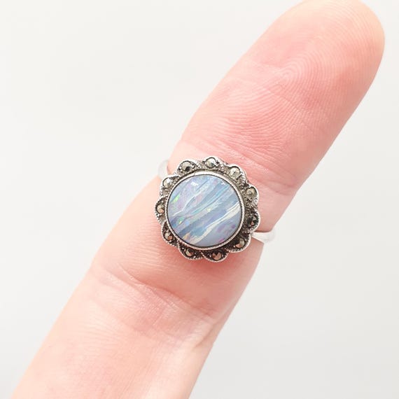 Antique Solid Silver Black Opal Ring Natural Genu… - image 2