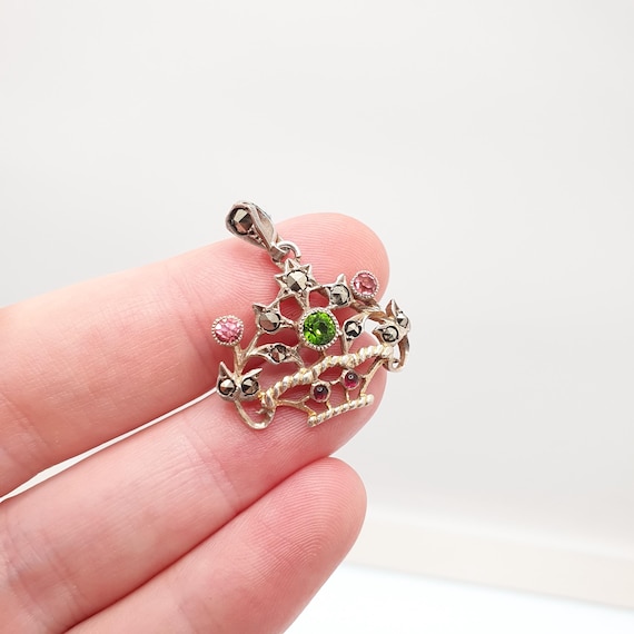 Antique Solid Silver Paste Flower Basket Pendant … - image 4