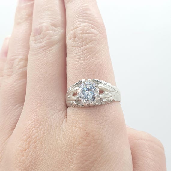 Vintage Solid Silver CZ Gypsy Ring Solitaire Roun… - image 2