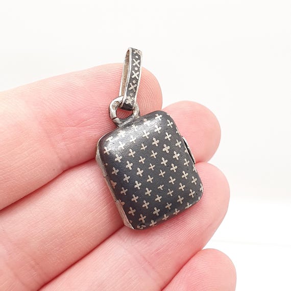 Antique Solid Silver Niello Locket Victorian Rect… - image 1
