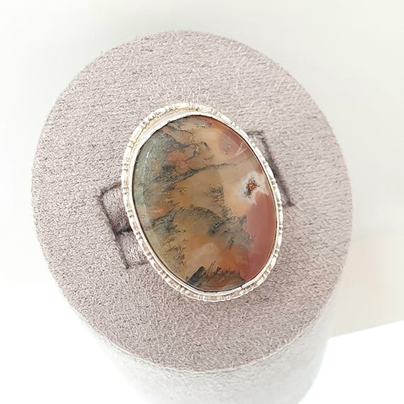 Antique Solid Silver Moss Agate Ring Large Big Ca… - image 2