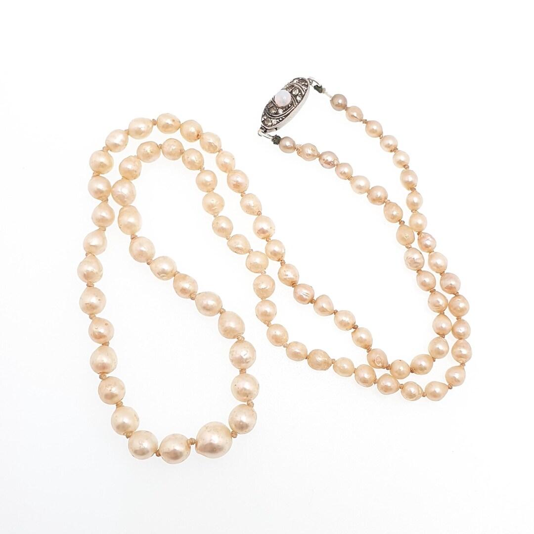 Antique Cultured Pearl Necklace Solid Silver Paste Clasp Art Deco 51cm ...