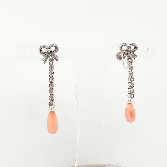 Antique Solid Silver Coral Paste Earrings Bow Han… - image 3