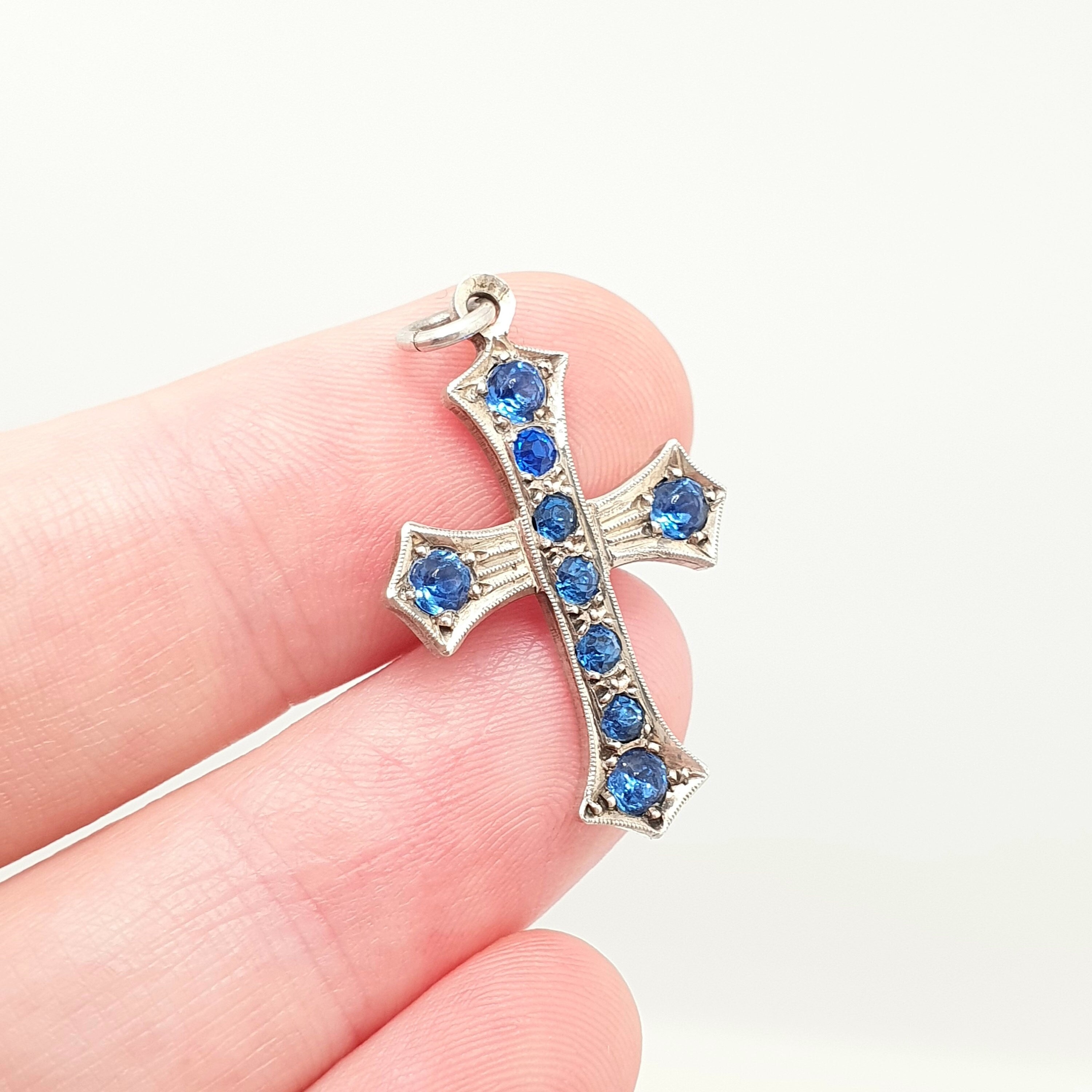 Antique Sterling Silver Sapphire Paste Cross Crucifix Necklace Pendant Sparkly Victorian 1800s Rare Vintage Womens Mens Jewellery Jewelry Etsy