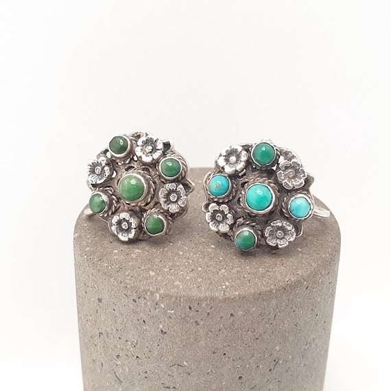 Antique Solid Silver Turquoise Earrings Victorian… - image 1
