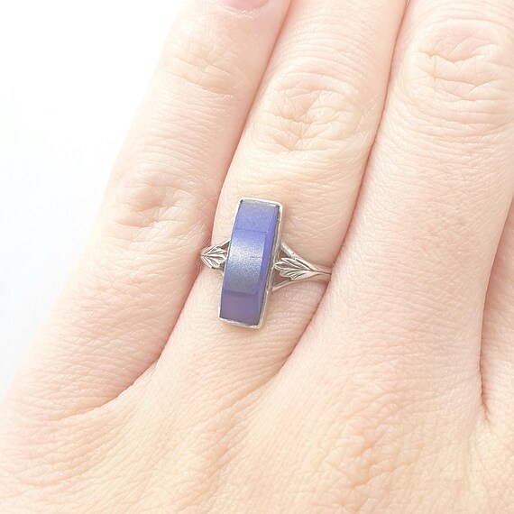 Antique Solid Silver Blue Chalcedony Ring Leaf Sh… - image 3