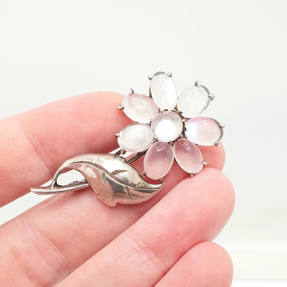 Antique Solid Silver Moonstone Flower Brooch Vict… - image 1