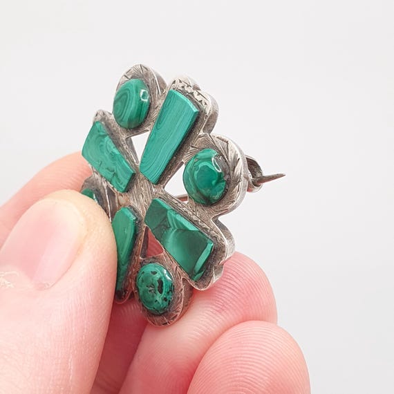 Antique Victorian Malachite Solid Silver Brooch S… - image 7