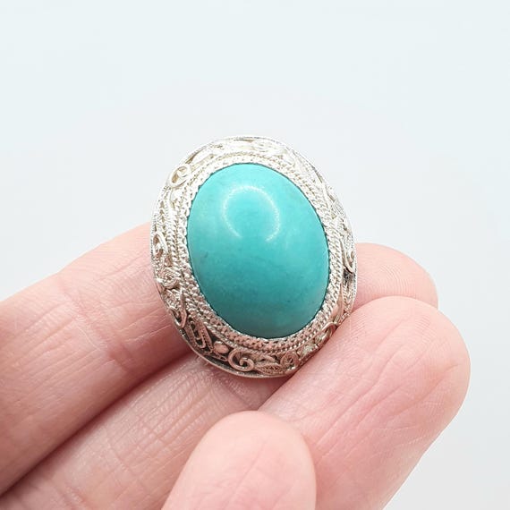 Vintage Solid Silver Turquoise Brooch Chinese Exp… - image 1