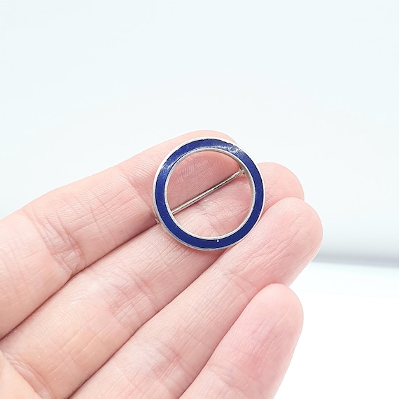 Antique Solid Silver Blue Enamel Circle Brooch Ed… - image 2