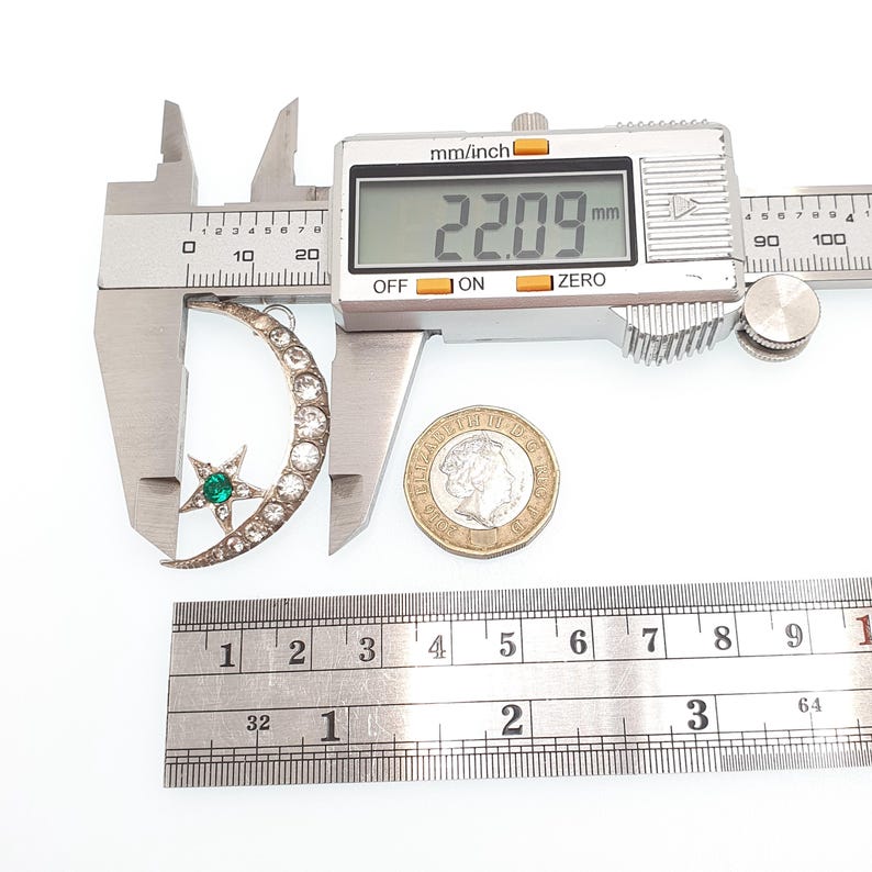 Antique Solid Silver Diamond Paste Star Moon Pendant Necklace Emerald