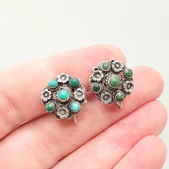 Antique Solid Silver Turquoise Earrings Victorian… - image 2