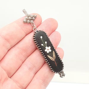 Antique Victorian Sterling Silver Pietra Dura Necklace Pendant Large Marble Flower Mosaic Solid 925 1800s Vintage Womens Jewellery Jewelry