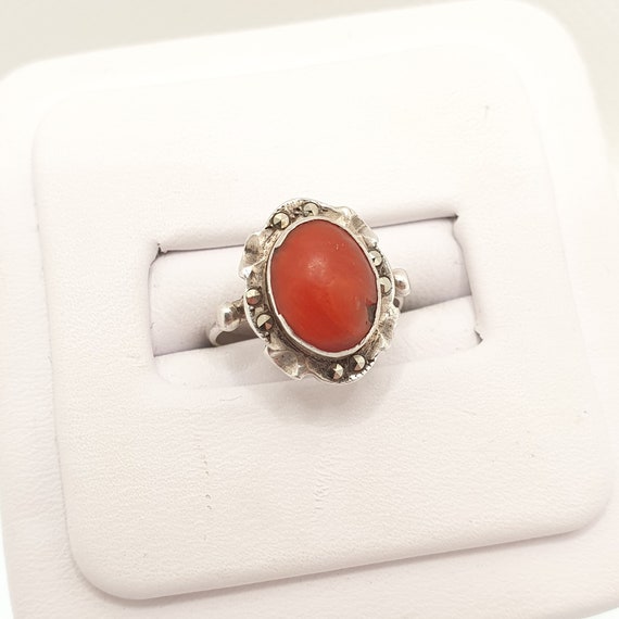 Antique Art Deco Coral Solid Silver Ring Marcasit… - image 1