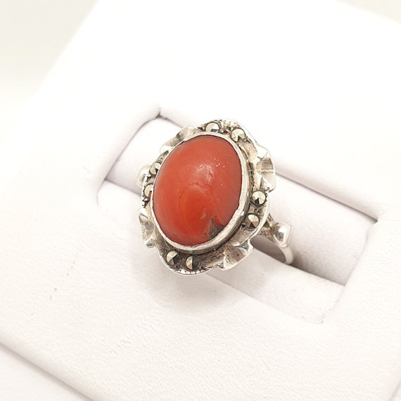 Antique Art Deco Coral Solid Silver Ring Marcasit… - image 2