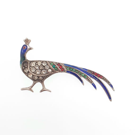 Antique Solid Silver Peacock Paste Brooch Enamel … - image 3