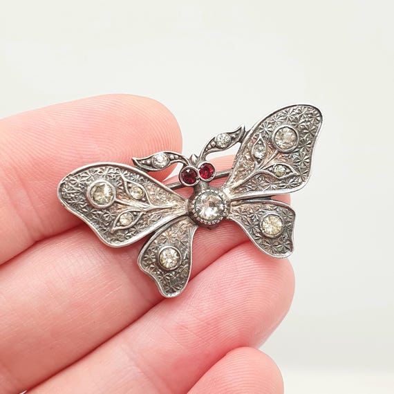 Antique Victorian Solid Silver Butterfly Brooch D… - image 1
